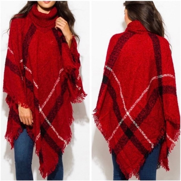 NWOT - Warm & Cozy Red Poncho - One Size Fits Most - Picture 1 of 4